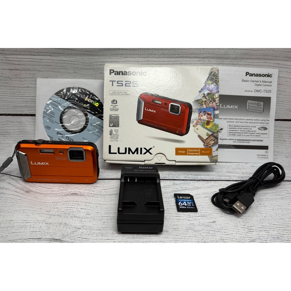 Panasonic Lumix DMC TS25 Orange Waterproof 16.1 MP Digital Camera 64GB SD Card